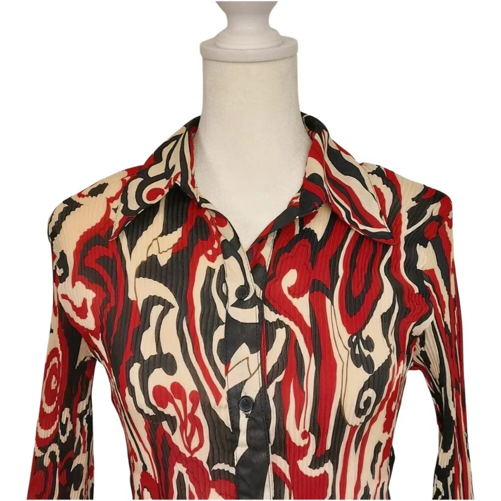 Vintage Y2K 90s Sere Nade Abstract Red Design Long Sleeve Plisse Blouse Medium - Picture 2 of 6
